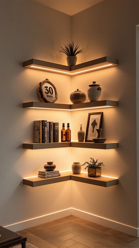 Corner shelves with decorative items and lighting