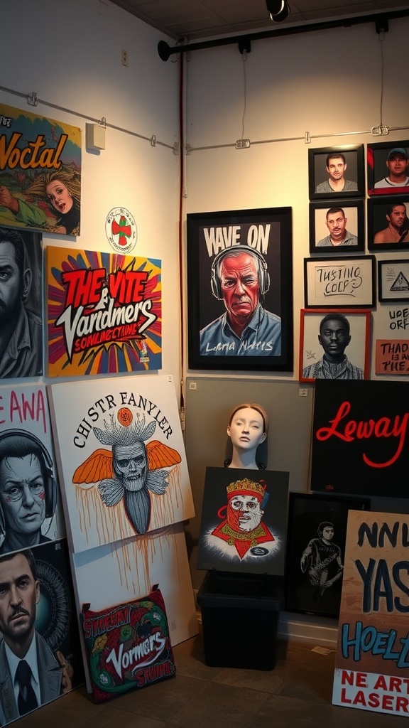 An artistic display featuring various styles of paintings and prints on a wall, emphasizing local artists.