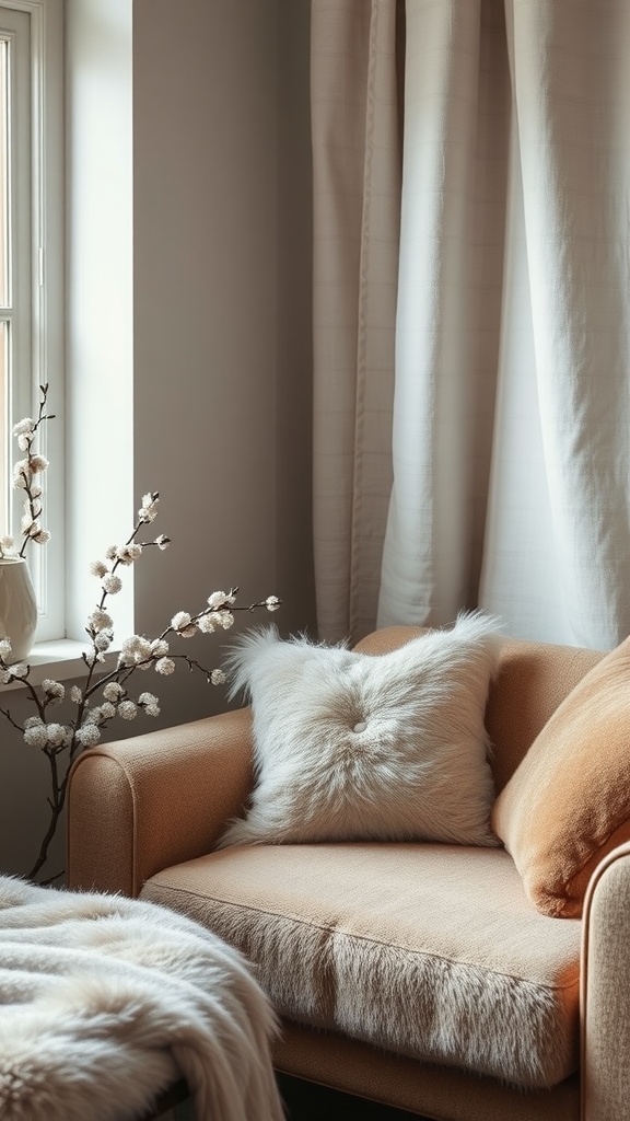 Cozy corner featuring a plush chair with soft pillows and a luxurious throw