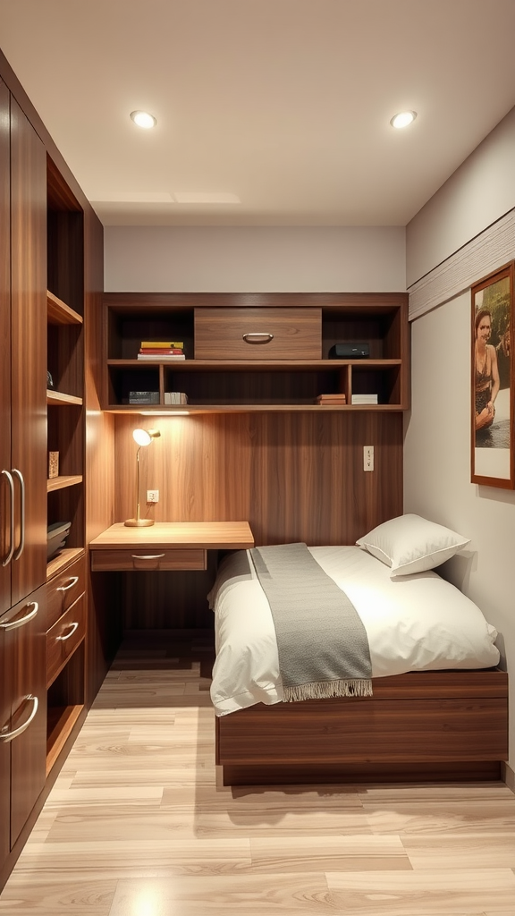 A small bedroom featuring multi-functional furniture, including a bed with storage, a desk, and wooden cabinets.