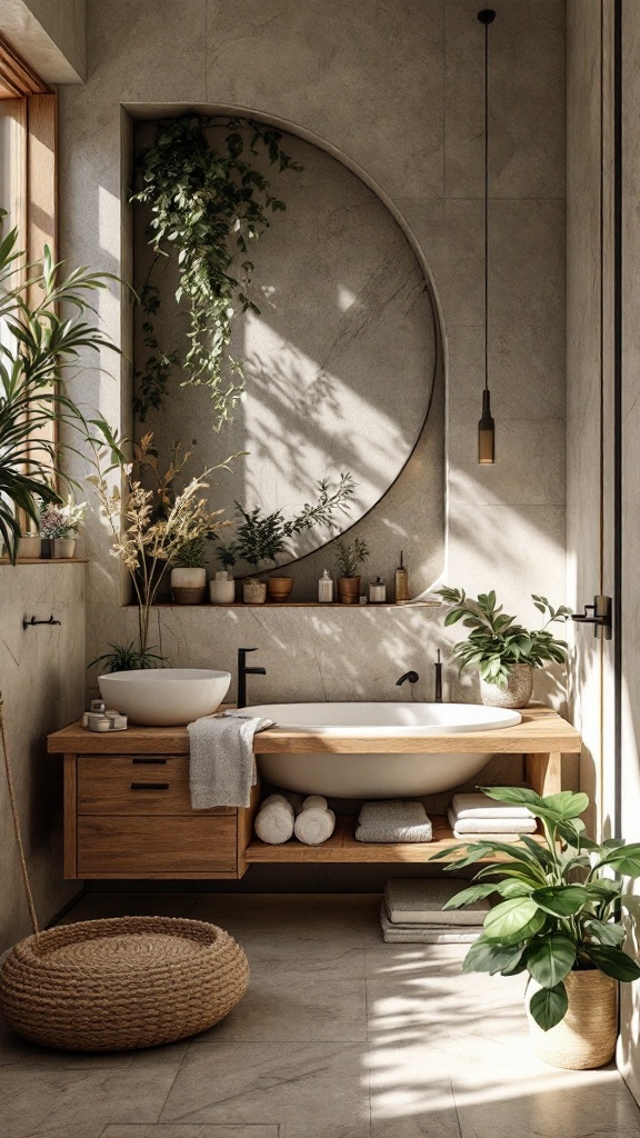 A luxurious bathroom featuring natural elements like plants and wooden decor.