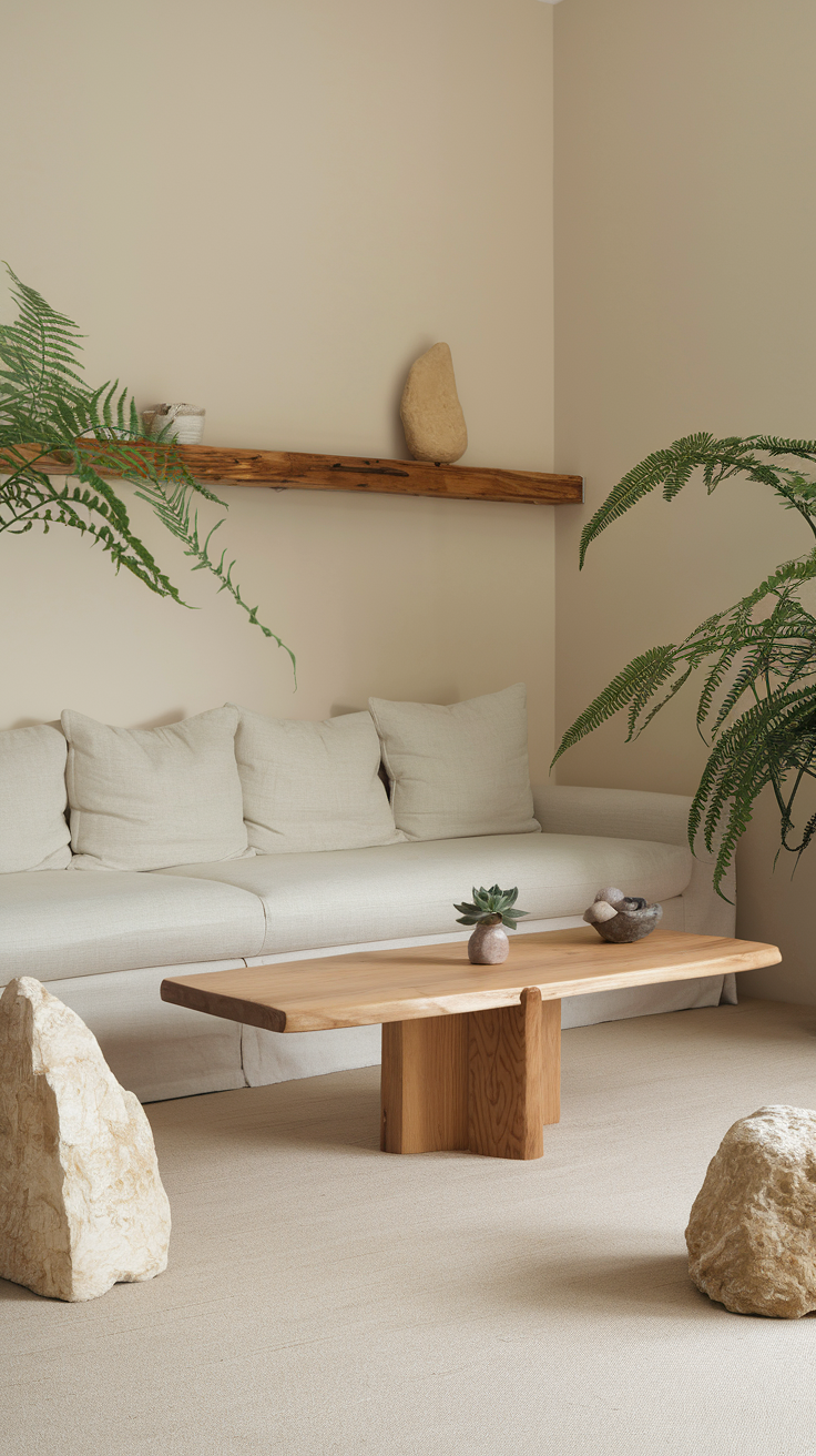 A cozy living room featuring neutral colors, a wooden table, stone decor, and ferns.