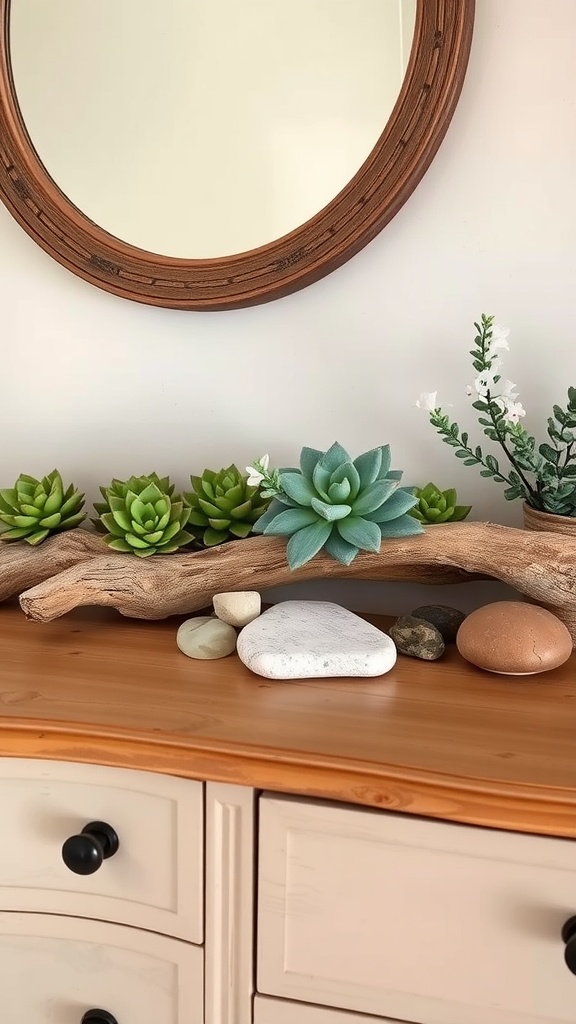 A dresser top decorated with succulents on driftwood, surrounded by various stones.