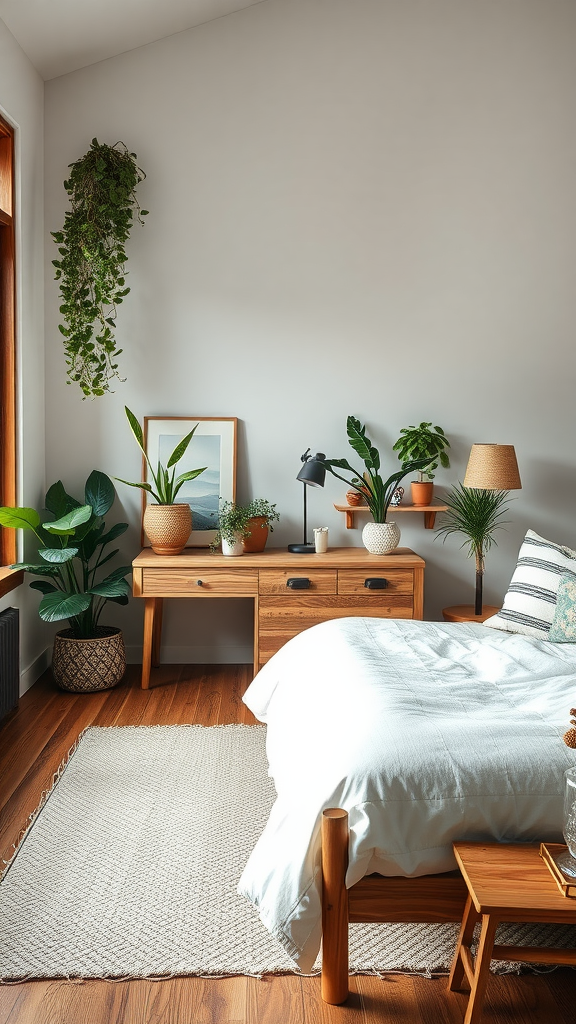 A beautifully decorated bedroom featuring plants and wooden furniture, creating a cozy atmosphere.
