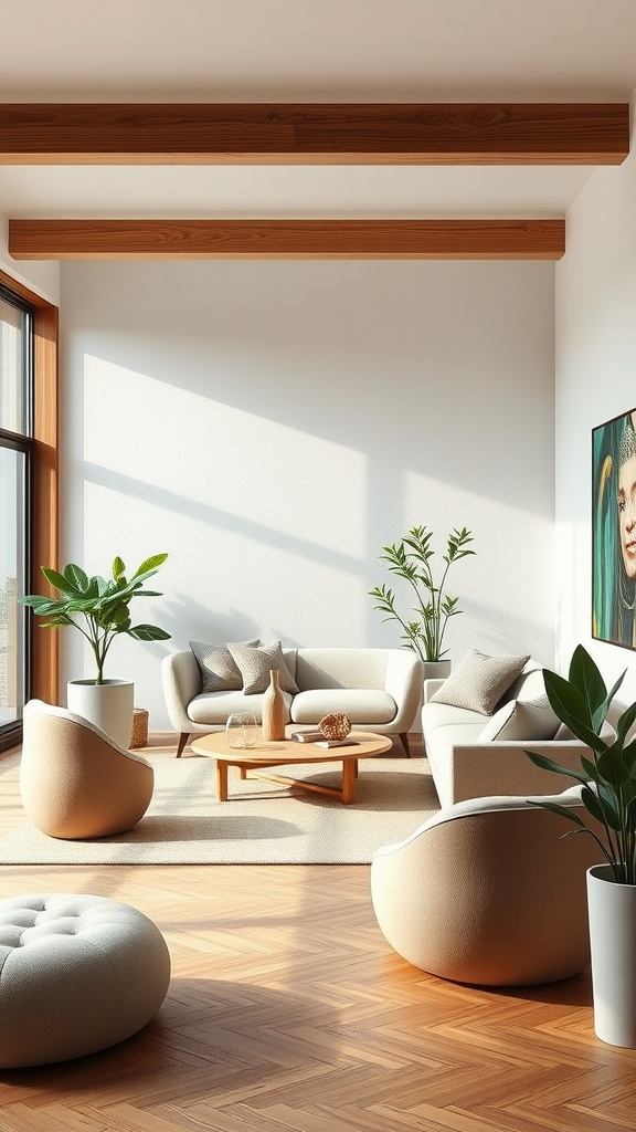 A bright living room featuring organic-shaped furniture, plants, and natural light.