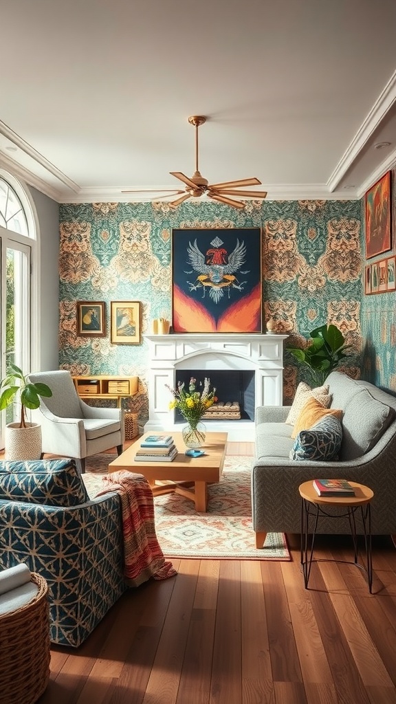 A colorful living room with jewel tone wallpaper, a cozy couch, and layered textiles.