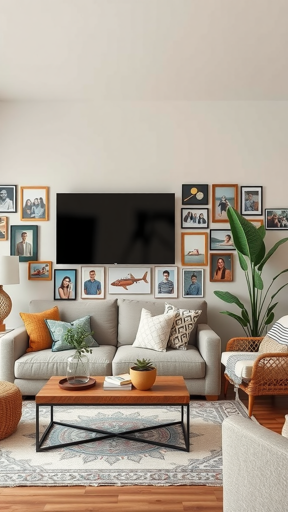 Cozy living room with personal photos on the wall, stylish furniture, and plants.