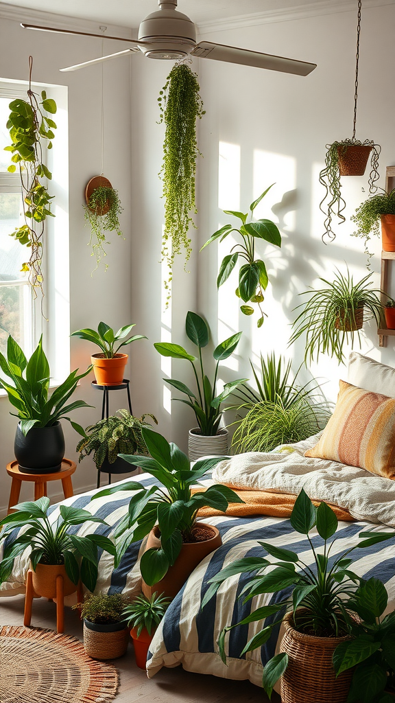 A cozy bedroom filled with various indoor plants, featuring a comfortable bed and natural light.