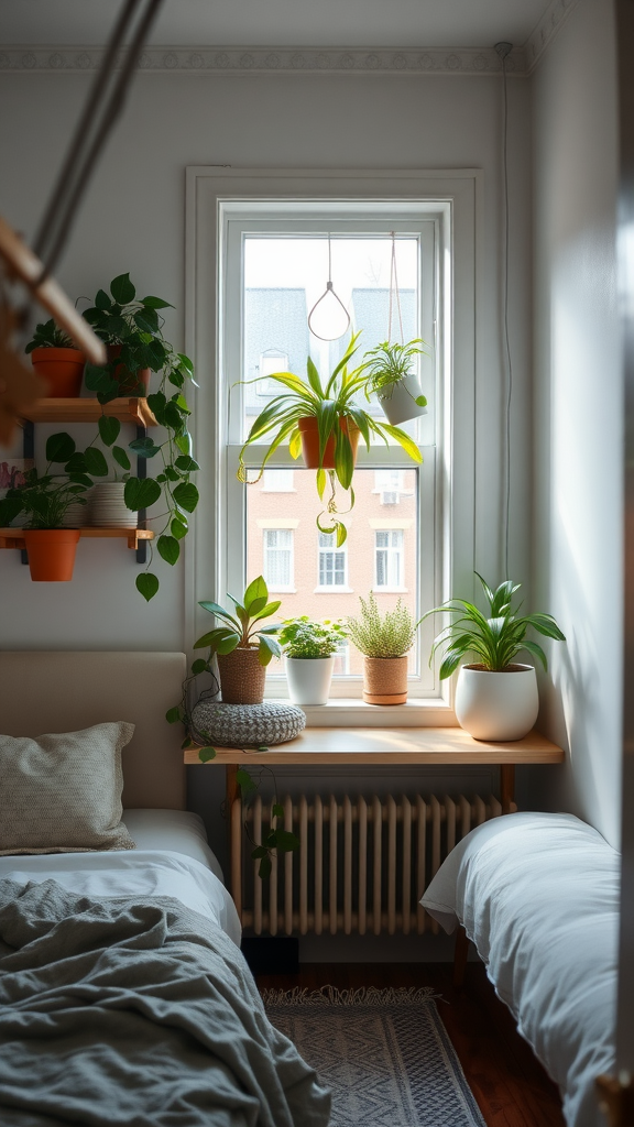 A small bedroom with plants displayed on shelves and window ledge, creating a fresh look.