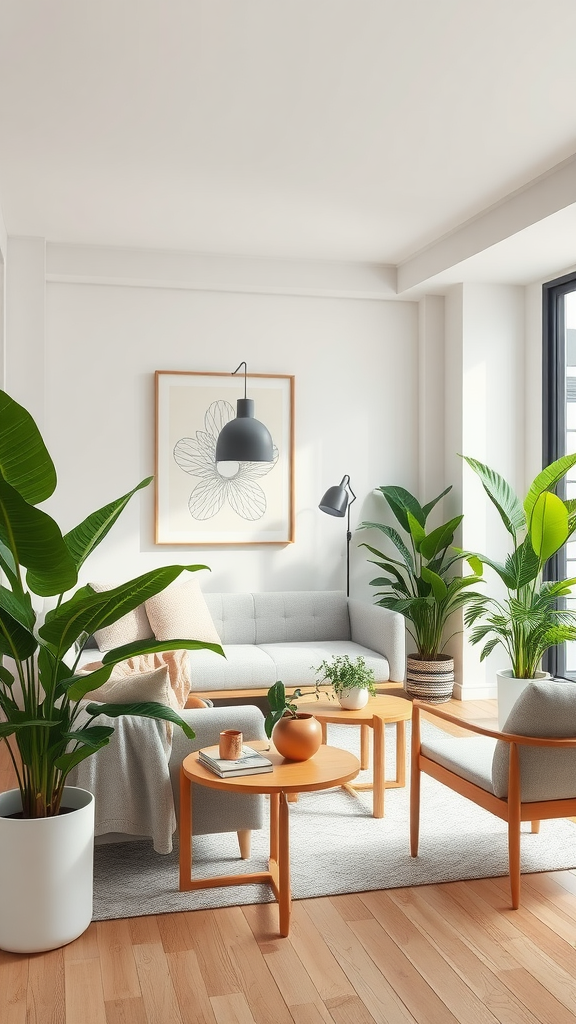 A neutral living room featuring gray furniture and various green plants, creating a fresh and inviting atmosphere.
