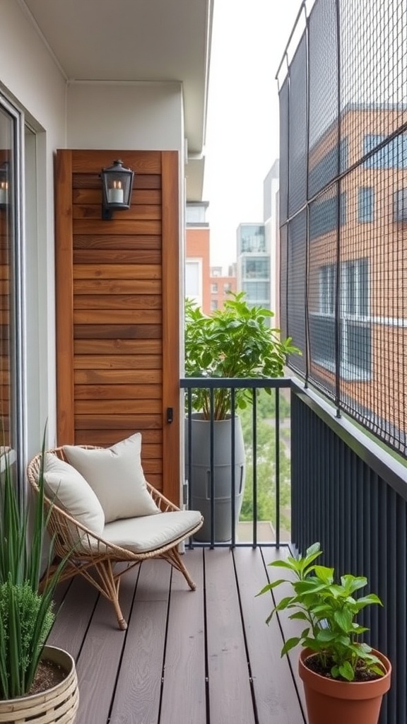 A cozy small balcony with a wooden privacy screen, comfortable chair, and potted plants.