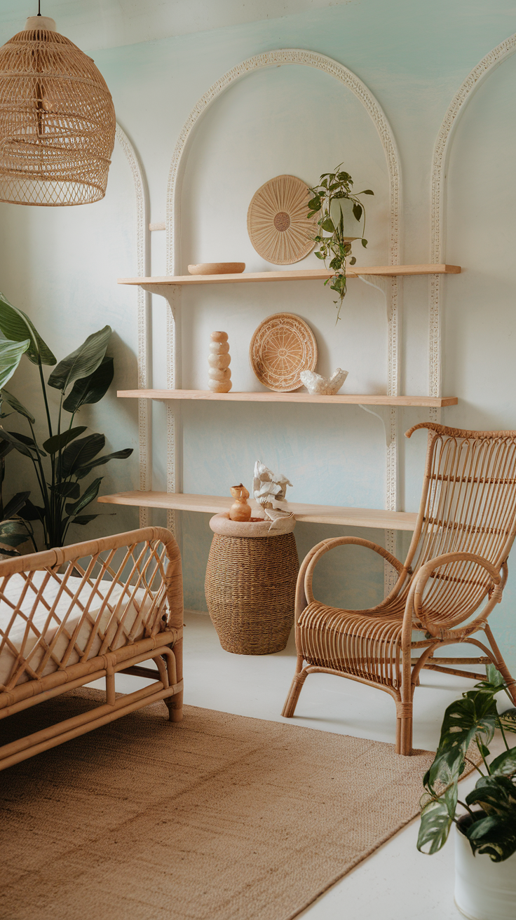 A stylish room featuring rattan and wicker furniture, with decorative shelves and plants.