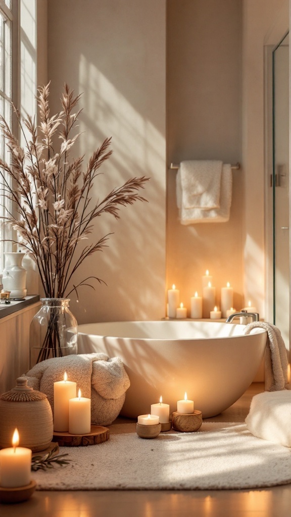 A serene bathroom scene featuring a luxurious bathtub surrounded by candles and soft decor.