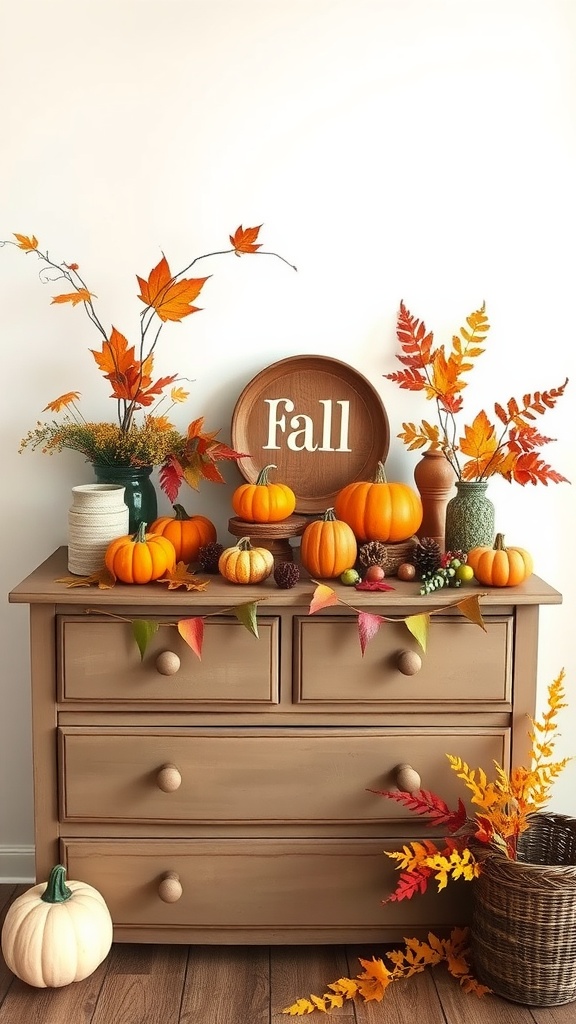 A dresser decorated for fall with pumpkins, leaves, and a wooden plate saying 'Fall'.