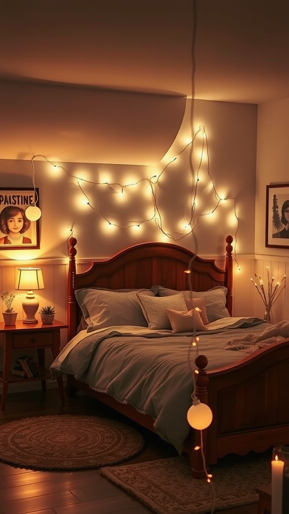 A cozy bedroom featuring soft lighting from string lights, a wooden bed, and warm decor elements.