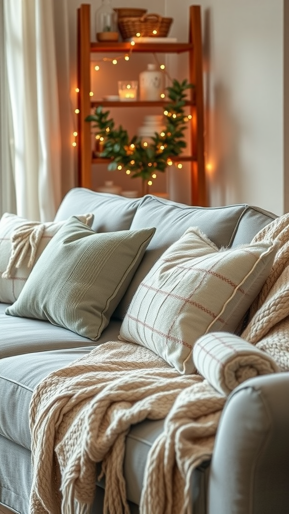 Cozy couch with soft pillows and a knitted throw in a warm, inviting living room setting