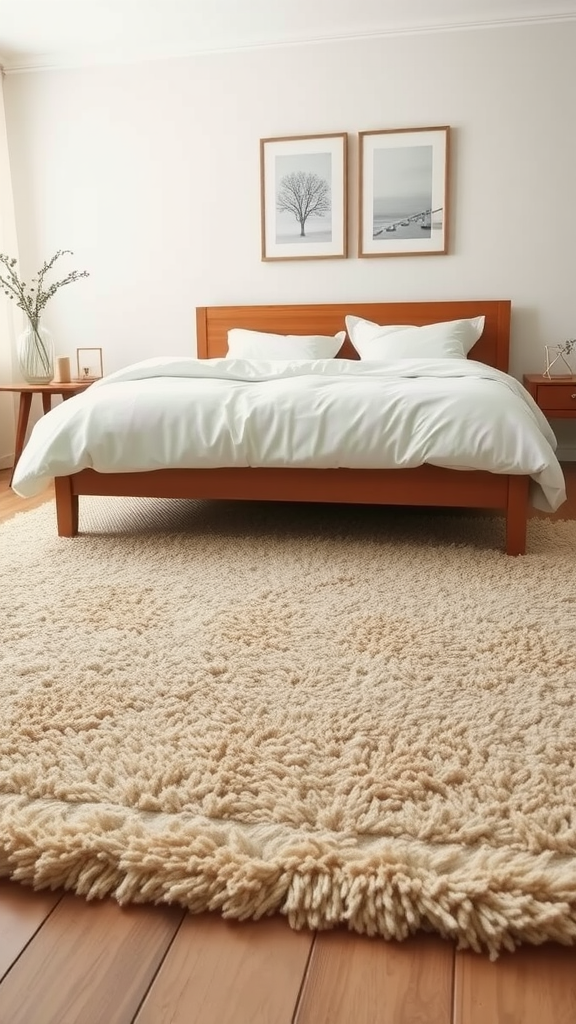 A cozy bedroom featuring a soft, textured rug under a bed with Pottery Barn bedding.