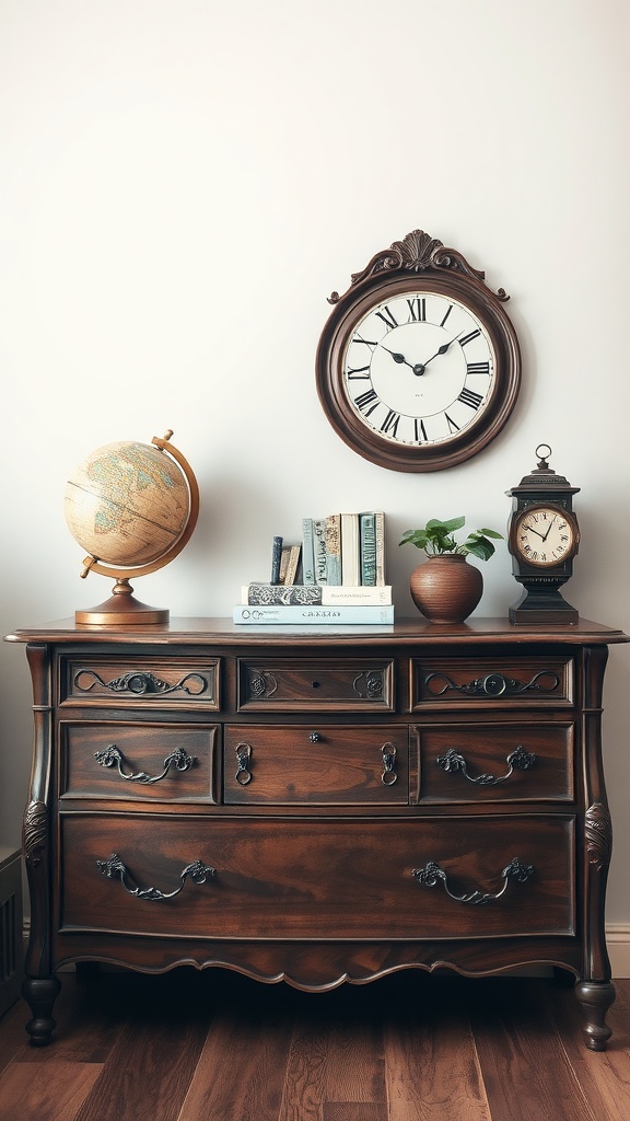 A wooden dresser topped with a globe, a clock, stacked books, a plant, and an antique clock.