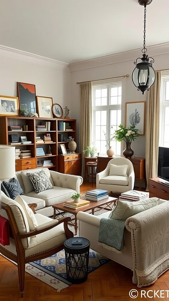 A cozy living room with vintage furniture, bookshelves, and art decor.