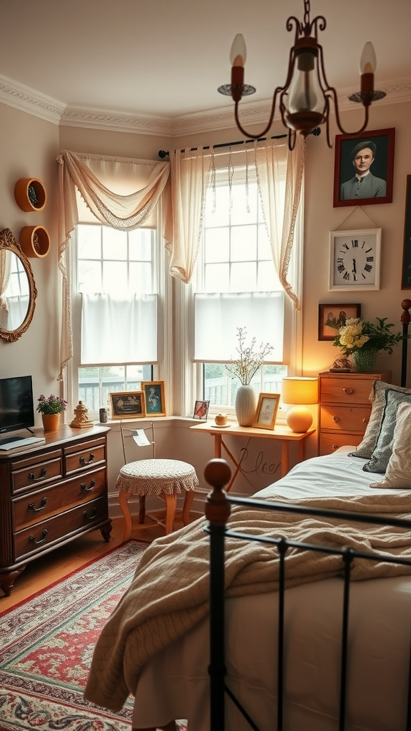 A cozy vintage-inspired bedroom with warm colors, antique furniture, and a charming chandelier.