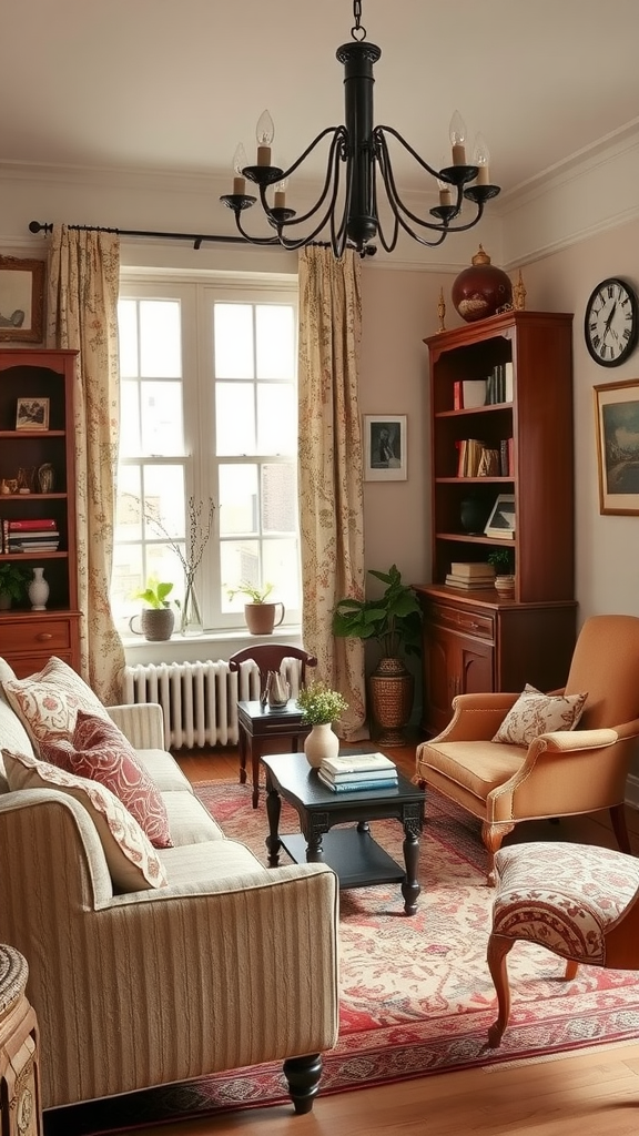 Cozy living room with vintage decor, featuring a small couch, armchairs, and a patterned rug.