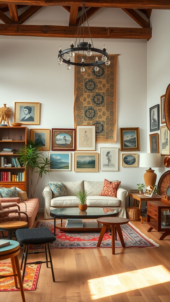 A colorful living room featuring vintage furniture, jewel tones, and layered textiles.