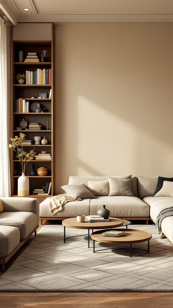 A warm neutral living room featuring light wood furniture, neutral walls, and green decor.