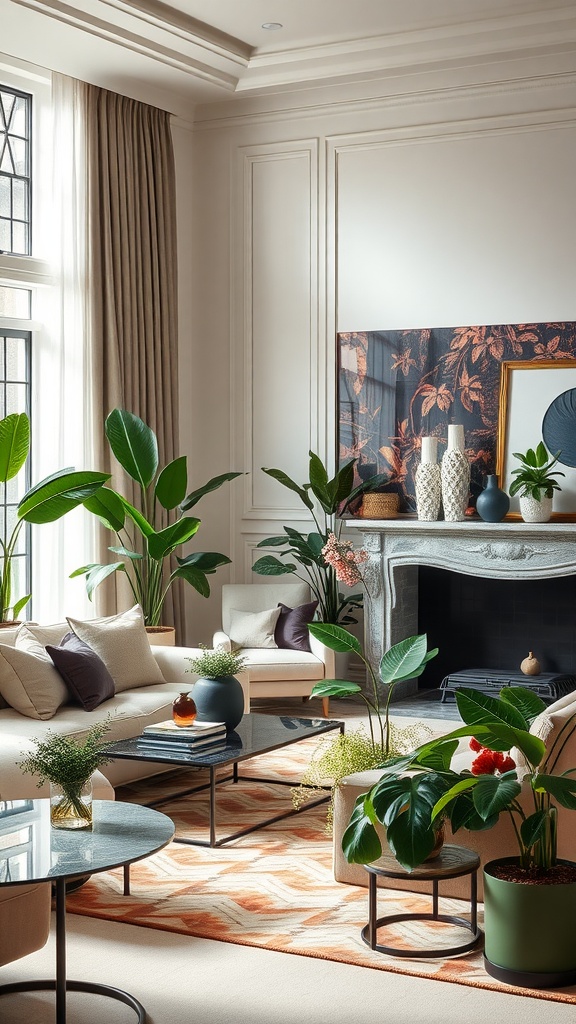 Luxurious living room with various indoor plants arranged around modern furniture.