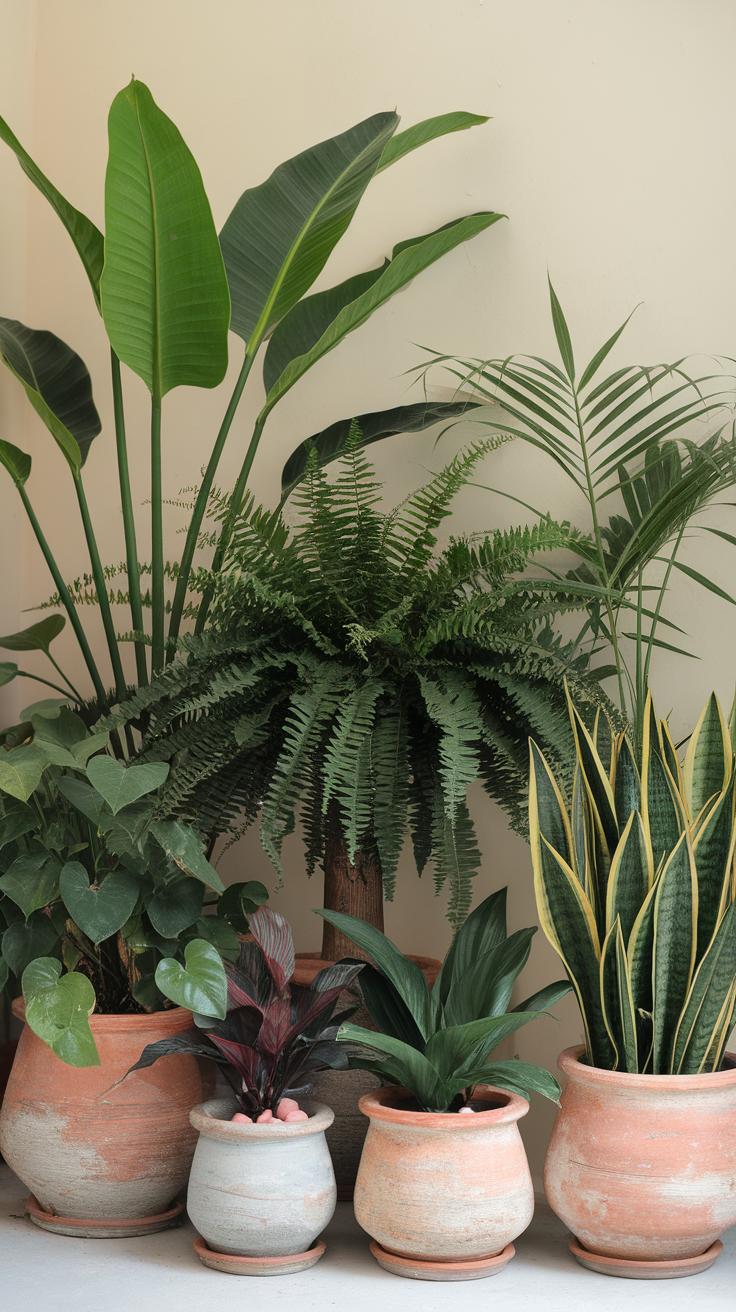 A corner filled with various indoor plants in decorative pots.