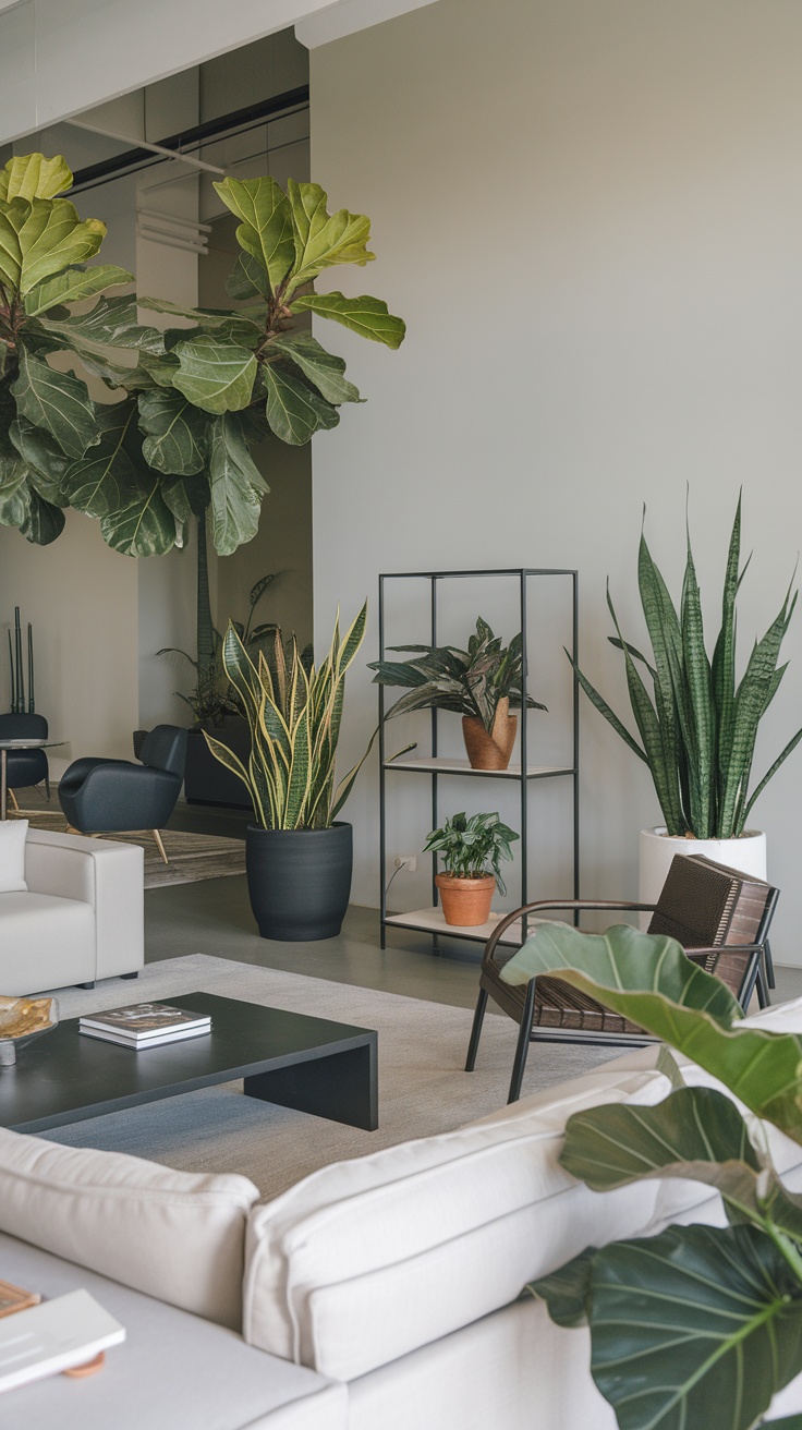 Modern living room featuring various indoor plants, including hanging leafy greens and potted plants on shelves, complementing a sleek interior design.