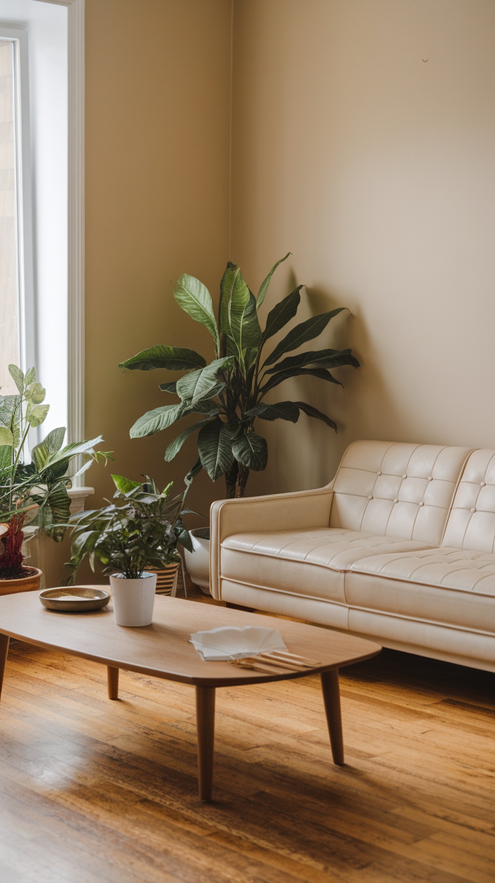 A light-colored sofa with several indoor plants in a cozy living room setting