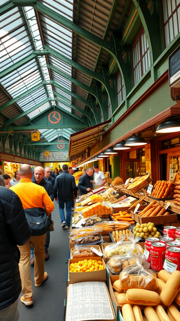 Interior view of Markthalle Neun with various food stalls and people browsing