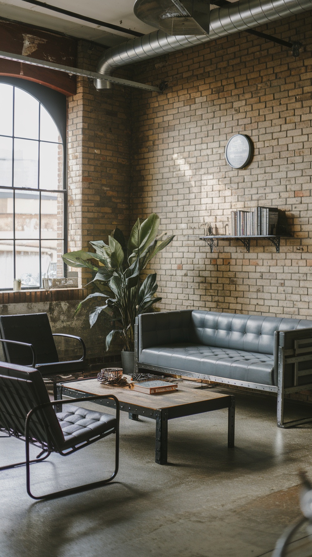 A cozy industrial chic loft space featuring exposed brick walls, a grey tufted sofa, metal furniture, and a potted plant.