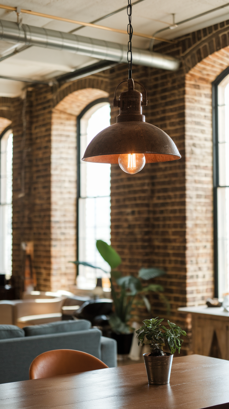 A rustic industrial-style hanging light over a wooden table in a cozy room with brick walls.