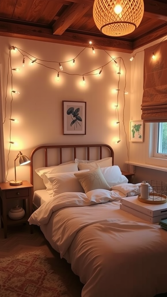 A cozy bedroom featuring string lights on the walls and a pendant lamp, creating a warm and inviting atmosphere.