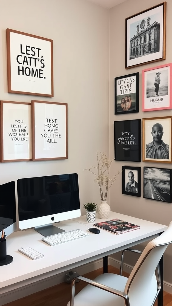 A modern home office featuring a desk with inspirational wall art, a computer, and a desk lamp.