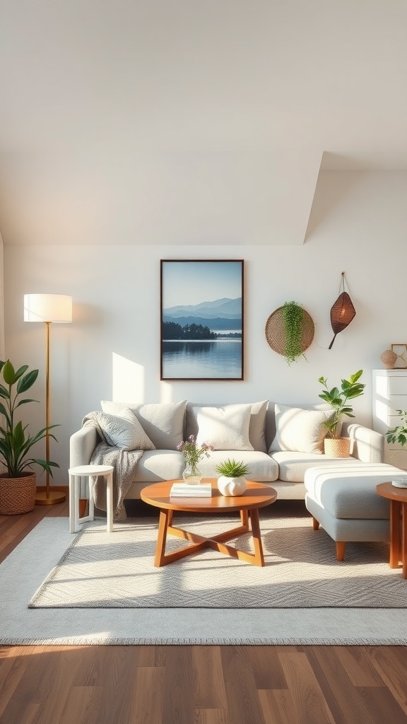 Bright and cozy organic modern living room with plants and natural light.