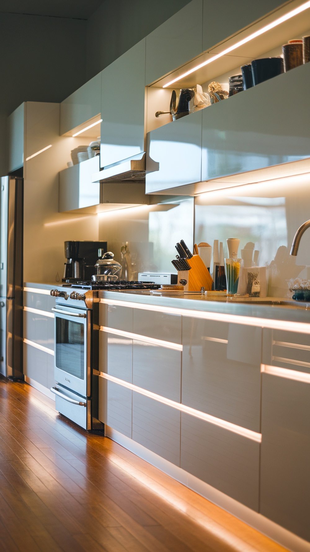 A modern kitchen with sleek cabinets and integrated lighting under the shelves.