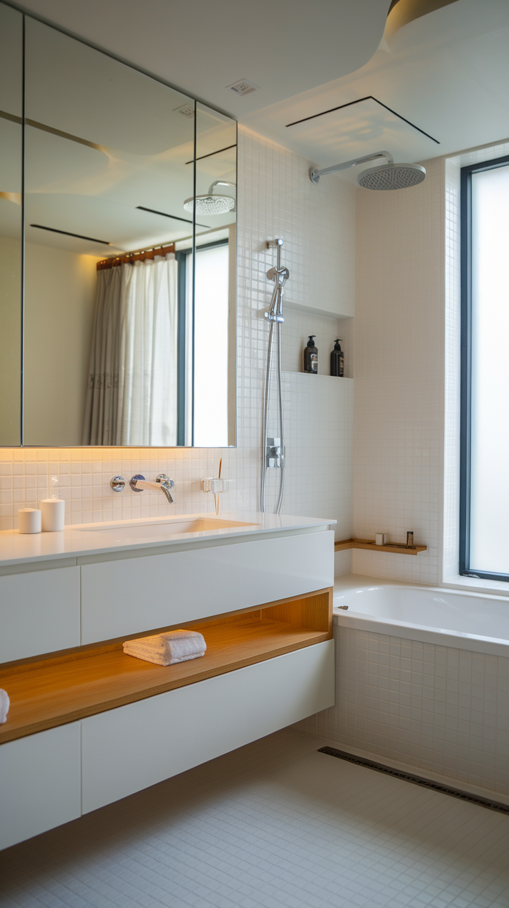 A modern bathroom featuring light marble tiles, wooden storage, and a luxury sink design.