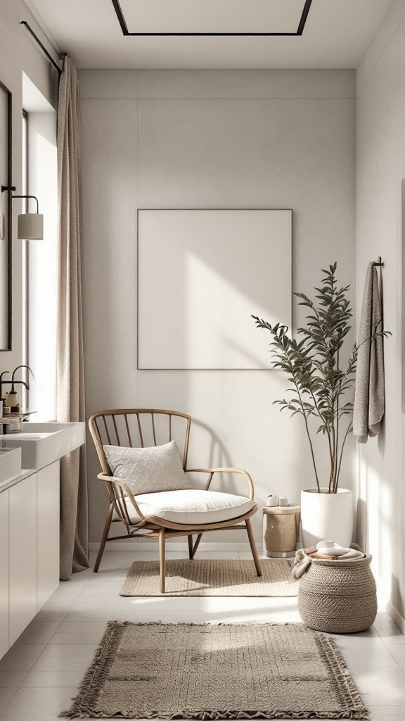 A serene bathroom corner with a cozy chair, plants, and rugs creating a relaxing atmosphere