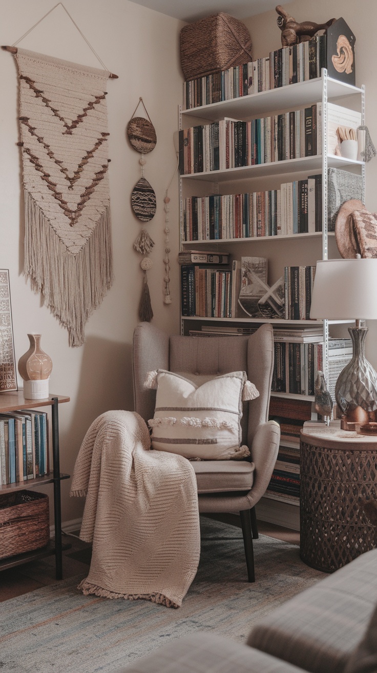 A cozy reading nook featuring a stylish armchair, soft blanket, and a filled bookshelf in a warm, inviting setting.