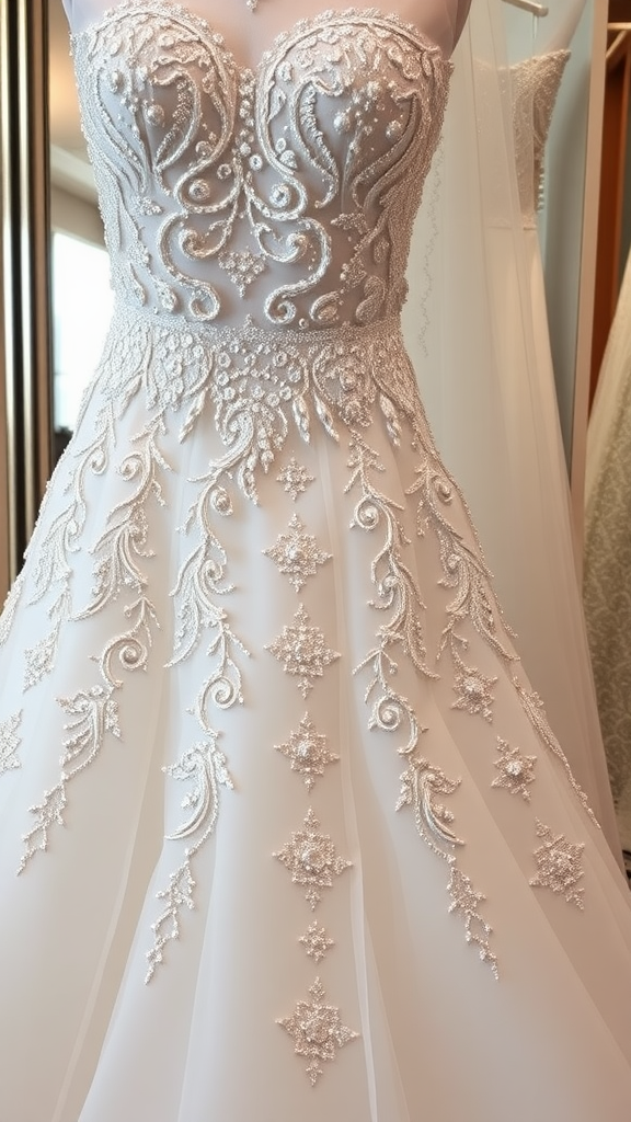 Close-up of a wedding dress featuring intricate beading and sequins.