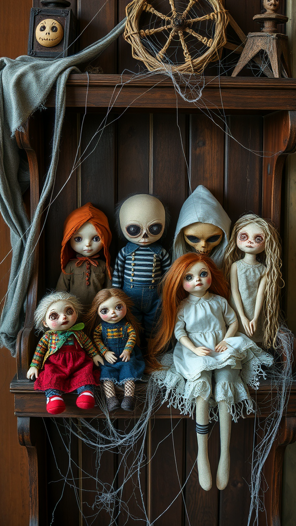 A collection of intricately crafted creepy dolls placed on a wooden shelf with cobwebs.