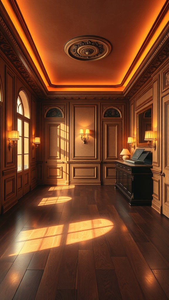 Luxurious room with rich wooden flooring and elegant decor