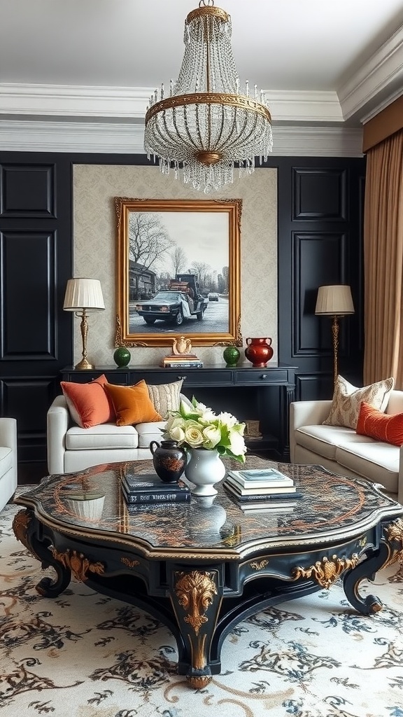 Elegant living room featuring a luxurious coffee table, chandelier, and stylish decor.