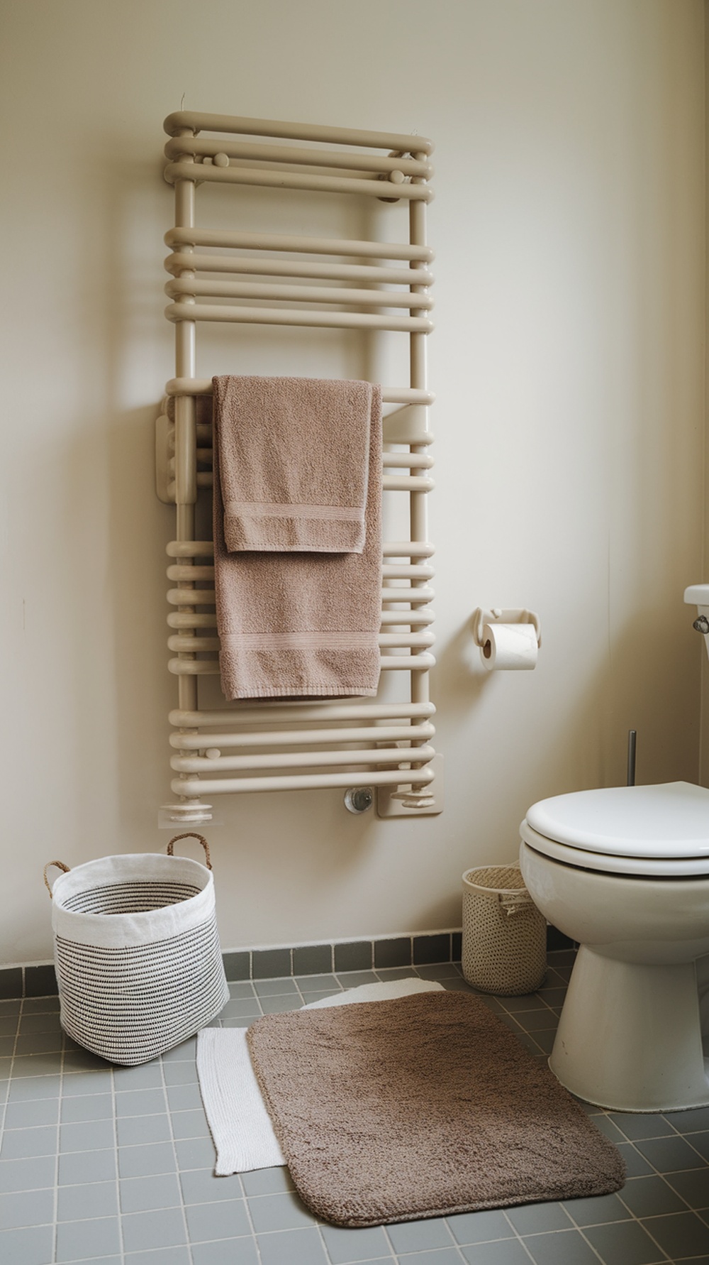 A bathroom featuring a brown bath mat, towel rack with towels, and storage baskets.
