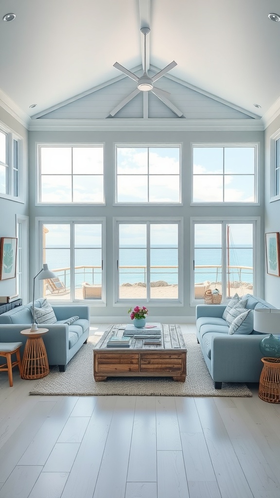 Bright and airy coastal living room with large windows, soft blue sofas, and a wooden coffee table.