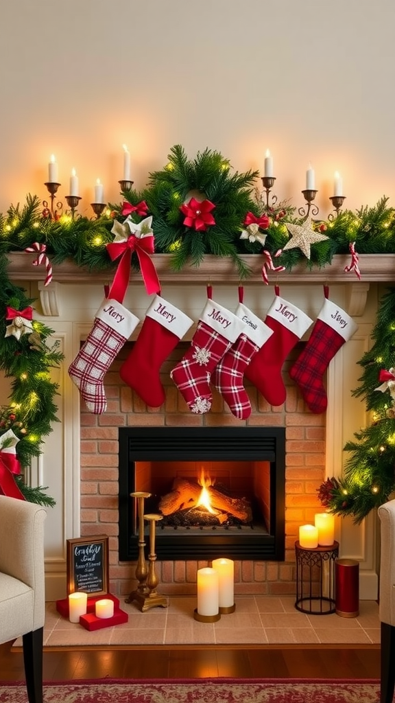 Cozy fireplace decorated for Christmas with stockings, garlands, and candles.