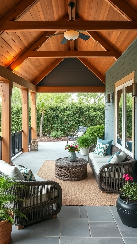 A cozy outdoor seating area with a wooden ceiling and comfortable furniture, surrounded by greenery.