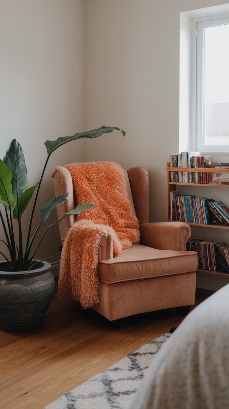 Cozy reading nook featuring a peach armchair, a fluffy blanket, a plant, and a bookshelf filled with books.